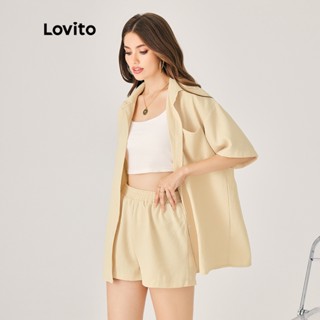 Lovito Casual Liso Gola De Bolso Gola Waffle Shorts Feminino Conjunto L37ED028 (Damasco)