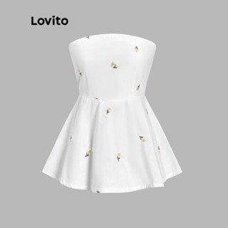 Lovito Casual Blusa Feminina Floral de Algodão com Bainha de Babados L52AD002 (Branca)