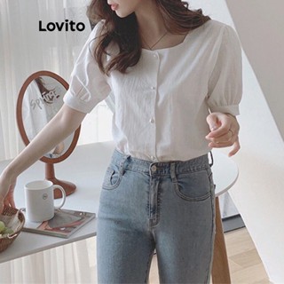 Lovito Blusa Casual Lisa com Botões Frontais e Decote Quadrado para Mulheres LNA04158 (Branco)