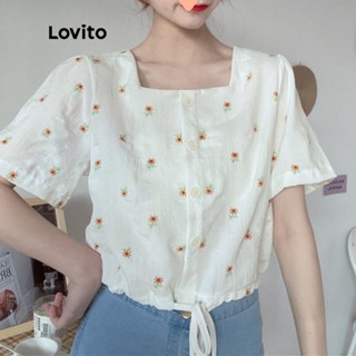 Lovito Blusa Casual Floral com Botões Frontais e Bordado de Girassol em Algodão para Mulheres LNA04045 (Branco)