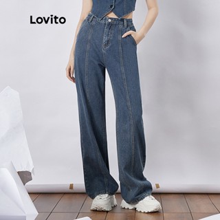 Lovito Calças Jeans Feminina Casual Lisa com Bolsos Estilo Namorado L36AD034 (Azul)