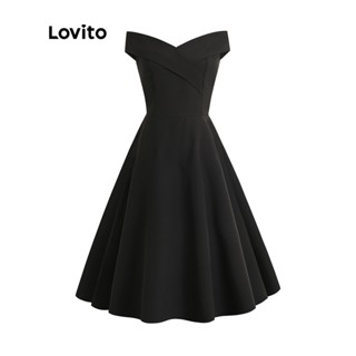 Lovito Vestido Feminino Elegante Liso Sem Costas Ombro Frio Cintura Alta L41LD022 (Preto)