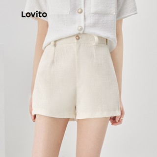Lovito Casual Shorts Feminino Liso Elegante com Botão Frontal L52AD149 (Branco)