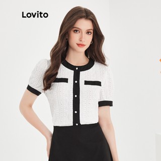 Lovito Elegante Blusa Feminina Lisa Colorblock com Manga Bufante e Botão Frontal L51ED011 (Preto e Branco)