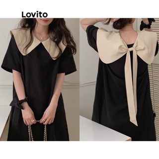 Lovito Casual Vestido Feminino Liso Reversível Colorblock com Gola Contrastante e Laço LNA08109 (Preto)