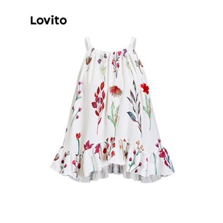Lovito Casual Blusa Feminina com Estampa Floral com Babado Halter Sem Manga LNL01088 (Branco/Azul)