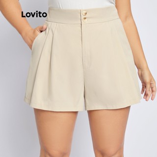 Lovito Shorts Plus Size Femininos Casual Lisos Drapeado com Zíper Botão Bolso Cintura Alta Texturizado LPS04060 (Luz Cáqui)