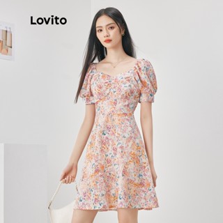 Lovito Vestido Casual Boho A-Line com Mangas Curtas e Babados para Mulheres LNE04050 (Multicolorido)