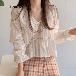 Lovito Blusa Fofa Lisa de Decote V com Mangas Longas e Detalhes em Renda Contrastante para Mulheres LNE05039 (Branco)