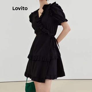 Lovito Casual Vestido Feminino Liso Amarrado com Manga Bufante e Bainha de Babados LNE11016 (Preto)