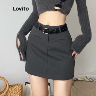 Lovito Casual Saia Feminina Lisa com Zíper LNA11078 (Cinza)