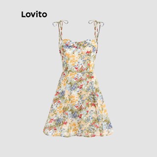 Lovito Casual Vestido Feminino Floral Amarrado Acinturado com Gola Quadrada Zíper nas Costas e Alça Ajustável L49AD078 (Multicor)
