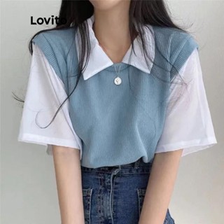 Lovito Blusa Casual de Malha com Mangas Curtas e Gola Contrastante para Mulheres LNE05150 (Azul)