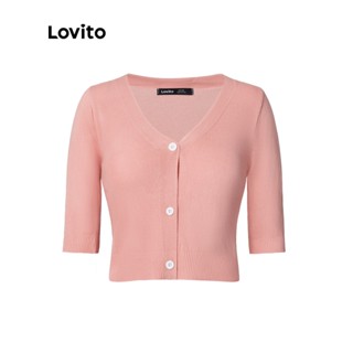 Lovito Blusa De Malha Feminina Casual com Meia Manga Botão Frontal e Decote Redonda L33LD095 (Rosa)