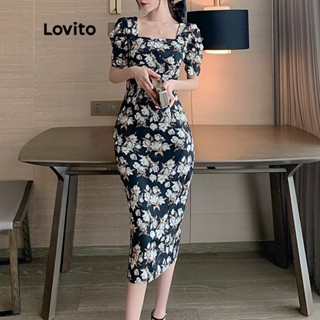 Lovito Casual Vestido Feminino Floral Lápis Midi de Manga Curta Bufante com Decote Quadrado LNE11182 (Preto e Branco)