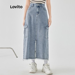 Lovito Casual Saia Jeans Feminina Lisa Lavada Cargo com Bolso e Zíper Frontal L49AD118 (Azul)