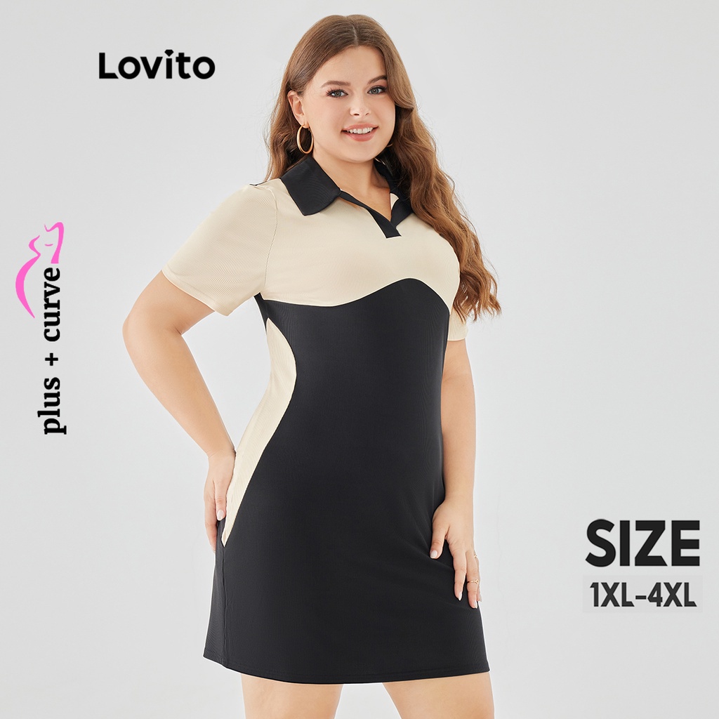 Lovito Curvas Plus Size Vestido Feminino Casual Liso Colorblock LPS09067 (Multicor)