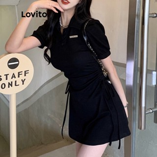 Lovito Vintage Vestido Feminino de Manga Curta Franzido com Estampa de Texto Metal e Botão Frontal LNE12078 (Preto)