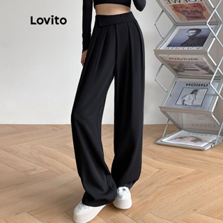 Lovito Casual Calça Feminina Lisa de Cintura Média LNA11026 (Preta)