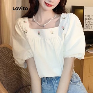Lovito Blusa Casual com Bordado Floral e Mangas Curtas para Mulheres LNE05098 (Branco)