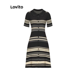 Lovito Vestido Casual Listrado com Botões para Mulheres LNE05143 (Multicolorido)