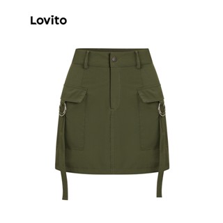 Lovito Casual Minissaias Femininas Cargo Lisas Com Botão E Cintura Alta L45LD030 (Verde Militar)