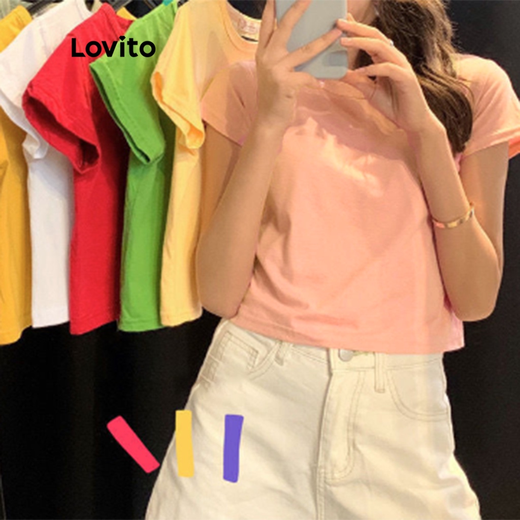 (Item Essencial) Lovito Casual Plain Slim Fit Camiseta Básica para Mulher em Oferta na Shopee