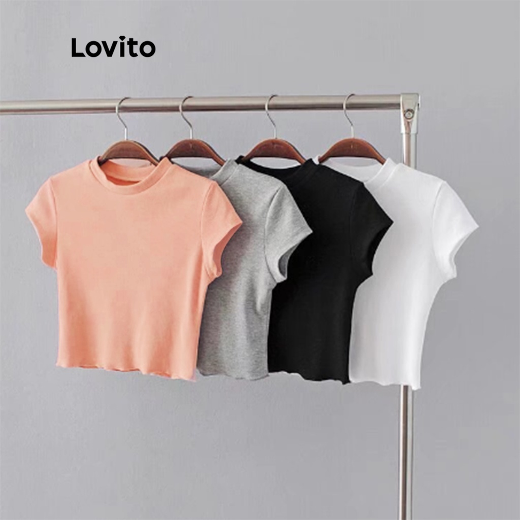 (Item Essencial) Lovito Casual Slim Fit Crew Neck Plain Tshirt Básica para Mulher em Oferta na Shopee