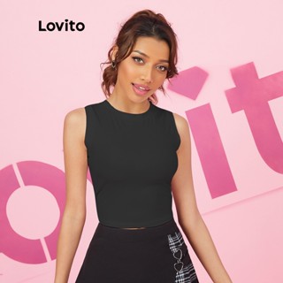 (Item Essencial) Lovito Regata Feminina Da Moda Cropped Fio Liso Gola Redonda Malha Canelada