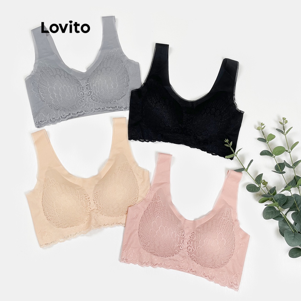 (Item Essencial) Lovito Sutiã Rendado sem Costura com Bojo Removível para Mulheres - Women Clothes