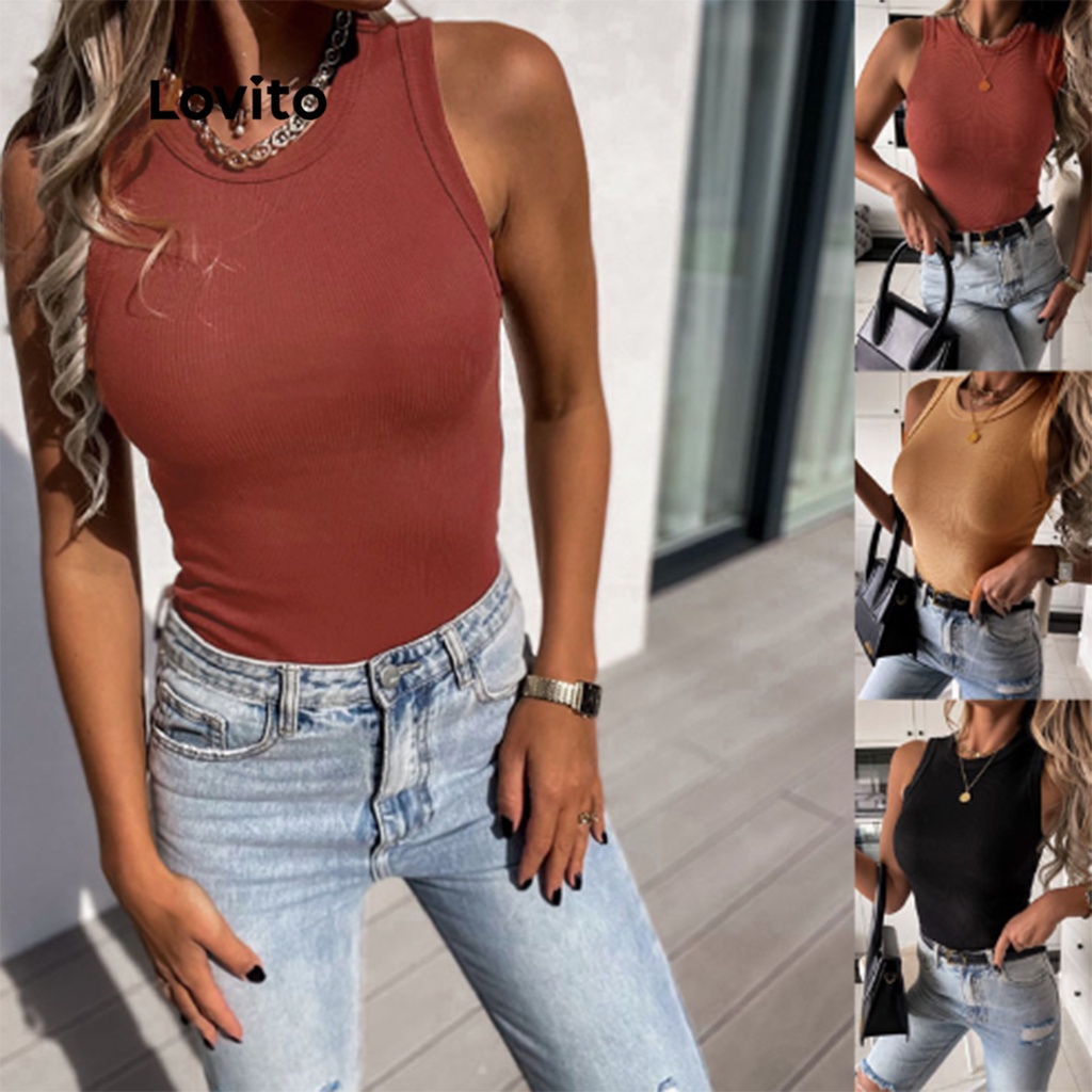 (Item Essencial) Lovito Regata Básica Sem Manga Liso Sem Mangas Crop Tops Slim Fit Para Mulheres em Oferta na Shopee