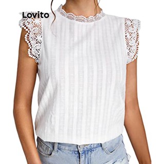 (Item Essencial) Lovito Blusa Feminina Elegante Lisa Renda Contraste Listrada Confortável Ajuste Regular E Para Trabalho Top Sem Mangas
