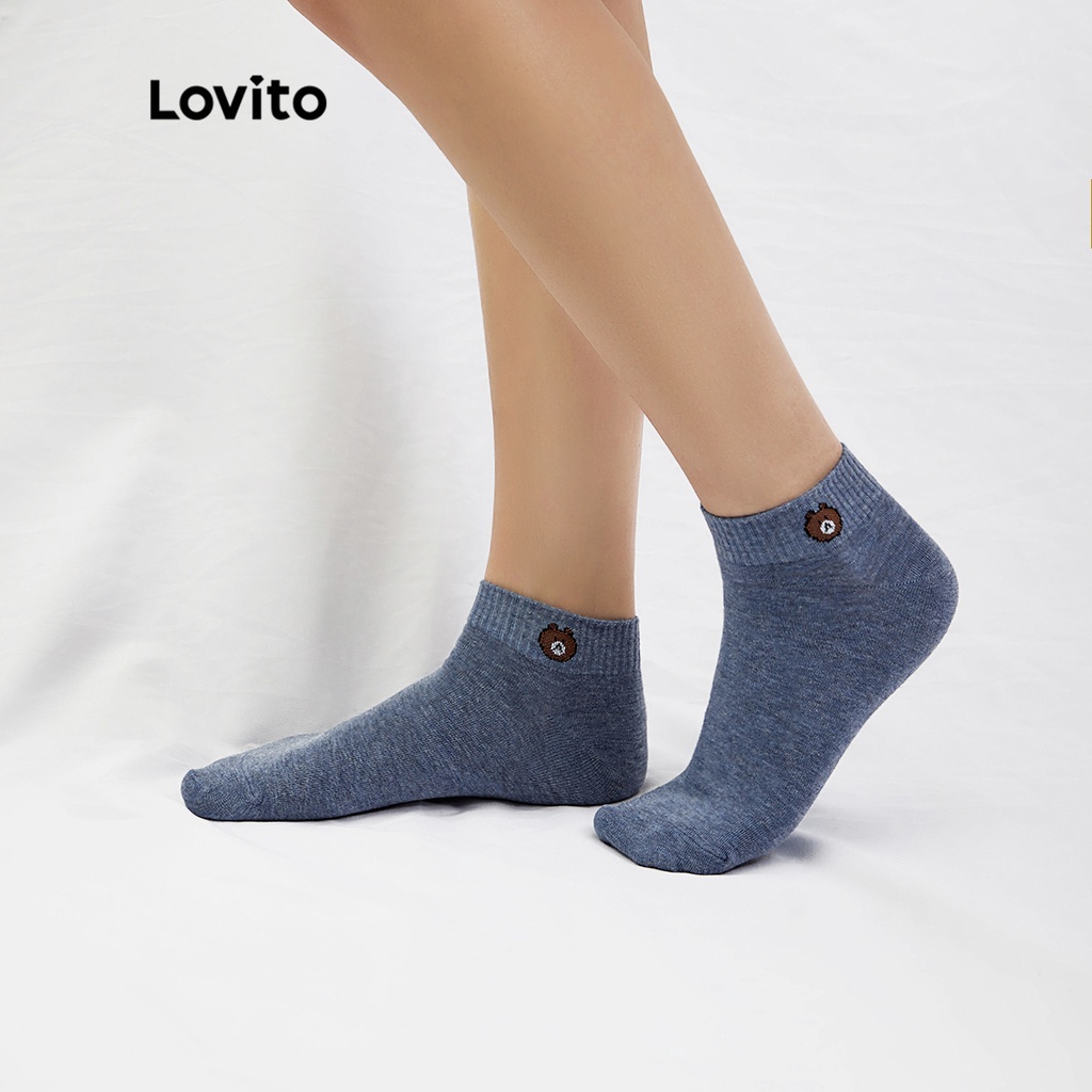 (Item Essencial)  Lovito Bordado Casual Bear Bordado de Urso Respirável Meias de Algodão Invisível para Mulheres - Women Clothes