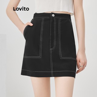 Lovito Casual Saia Feminina Lisa com Botão Frontal e Bolso L52AD144 (Preta)
