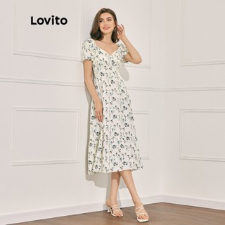 Lovito Vestido Elegante Floral Com Renda Na Bainha Babado Manga Bufante L47LD074 (Esbranquiçado)