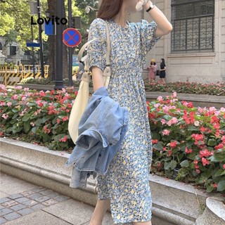 (Item Essencial) Lovito Vestido com Estampa Flora e Mangas Bufantes Feminino