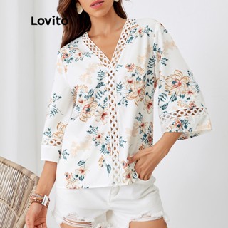 (Item Essencial) Lovito Boho Romântico Blusa Floral com Renda Contraste