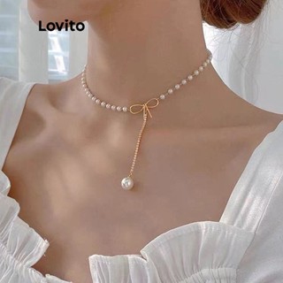 Lovito Casual Colar Feminino Liso de Strass e Pérolas com Laço L50AD169 (Branco)