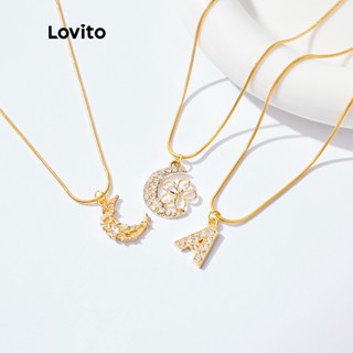 Lovito Casual Colar Acessório Feminino de Metal de Lua Letra Pedra com Corrente e Strass L...