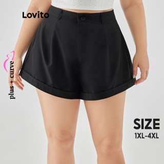 Lovito Curvas Plus Size Shorts Feminino Elegante Liso Evasê com Dobras LPS09052 (Preto)