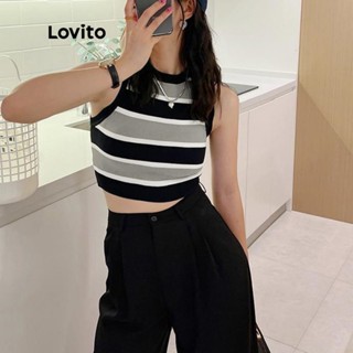 Lovito Blusas Básicas Listradas de Alças para Mulheres LNA04107 (Preto)