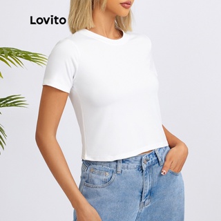 (Item Essencial) Lovito Slim Fit Casual Camiseta Básica de Pescoço para Mulher em Oferta na Shopee