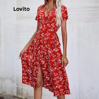 (Item Essencial) Lovito Vestido De Verão Para Mulheres Boho Floral Print Vestido Decote Em V Enrolado Vermelho Evasê Para Mulheres Casual