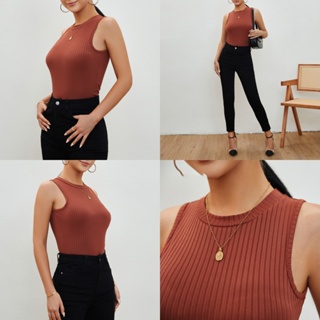 (Item Essencial) Lovito Regata Básica Sem Manga Liso Sem Mangas Decote Redondo Em Malha Canelada em Oferta na Shopee