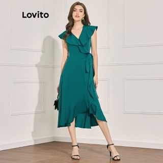 Lovito Vestido Casual Liso Com Babados E Renda Para Mulheres L47LD069 (Verde Escuro)
