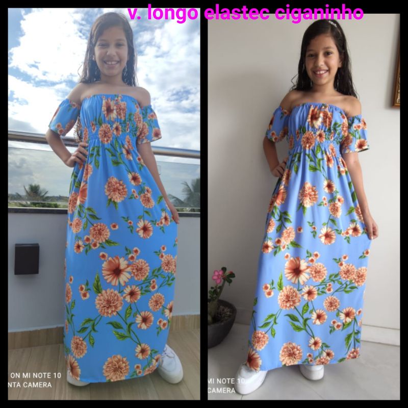 Vestido longo elástec ciganinho infantil e juvenil estampado em viscose ESTAMPAS SÃO ENVIADAS DE FORMA ALEATÓRIA