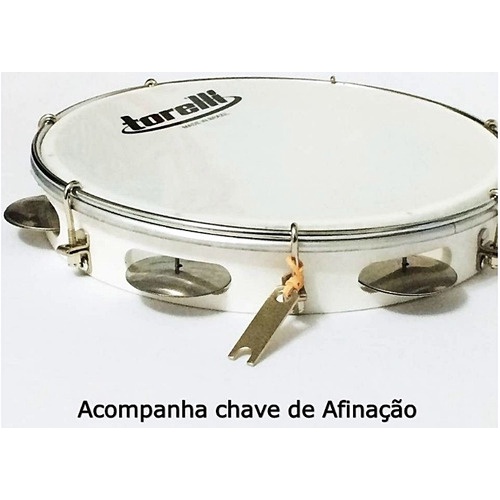 Pandeiro 10 Corpo Abs Branco Pele De Nylon + Chave Torelli