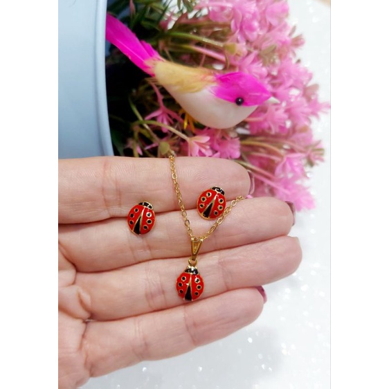 Conjunto de brinco e corrente folheada a ouro 18k para meninas, unicórnio, joaninha, flor