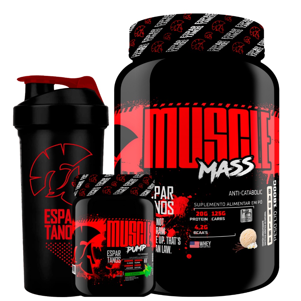 Kit Massa Hipercalórico MUSCLE MASS + Pré Treino Muscle Pump + Shaker em Oferta na Shopee