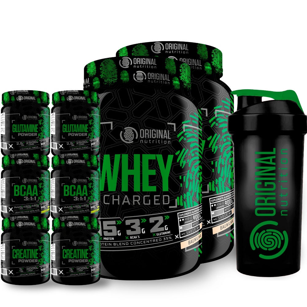 Kit 2x Whey Charged + 2x Gluta + 2x Bcaa + 2x Crea + Shaker em Oferta na Shopee
